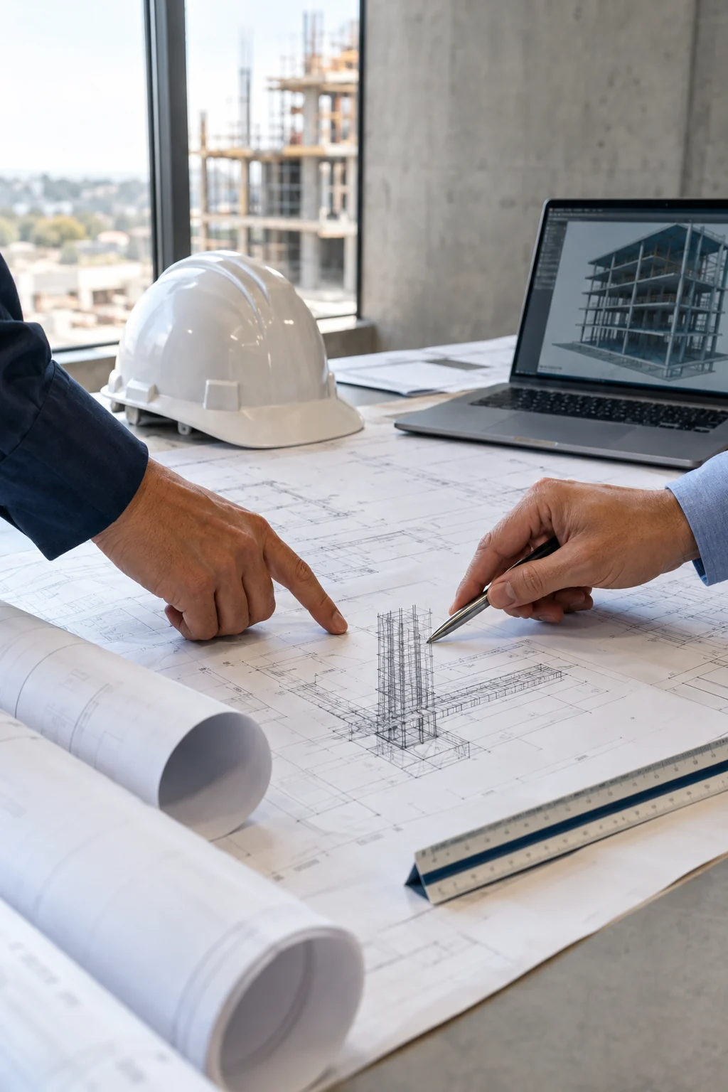 Equipo de ingeniería revisando planos de obra